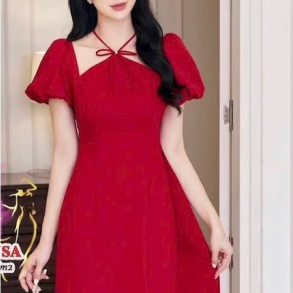 Red puff sleeve modern feminine ao dai size s